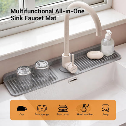 ZJWZLG Faucet Mat for Kitchen Sink, 14"X5.5" Silicone Sink Splash Guard , Snap-On Design & 7°slope Fast Drain, Folding Sink Faucet Mat for Universal Kitchen Bathroom Sink(Grey)