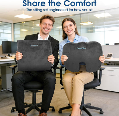 CloudBliss Lumbar Support Pillow & Seat Cushion Set for Office Chair, Desk Chair, Wheelchair & Car – Memory Foam Back Support, Ergonomic Chair Cushions, Sciatica Pain Relief, Home Essentials, Black