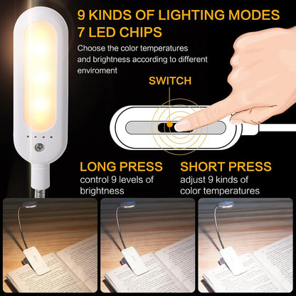 VAVOFO Rechargeable Book Light for Reading in Bed Kids, 7 LED Reading Light with 9-Level Warm Cool White Daylight, Eye Care Lamp with Power Indicator for Bookworms (Yellow)