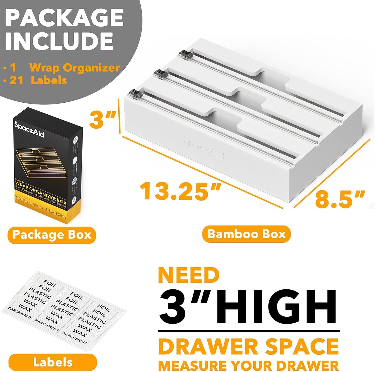 SpaceAid WrapNeat 2 in 1 Wrap Organizer with Cutter and Labels, Plastic Wrap, Aluminum Foil and Wax Bamboo Dispenser for Kitchen Storage Organization Holder for 12" Roll (Natural, 2-Slot)