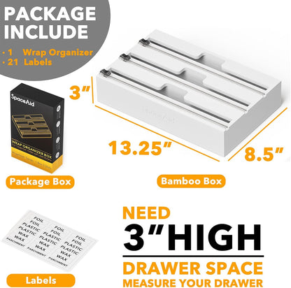 SpaceAid WrapNeat 2 in 1 Wrap Organizer with Cutter and Labels, Plastic Wrap, Aluminum Foil and Wax Bamboo Dispenser for Kitchen Storage Organization Holder for 12" Roll (Natural, 2-Slot)