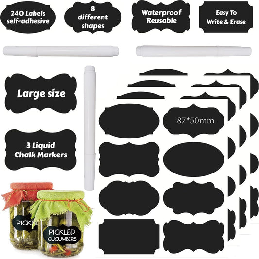 Chalkboard Label Waterproof Reusable Labels for Food Containers Chalk Sticker Labels with 3 Liquid Chalk Markers for Mason Jars, Parties Decoration, Craft Rooms, Storage, Home, Kitchen