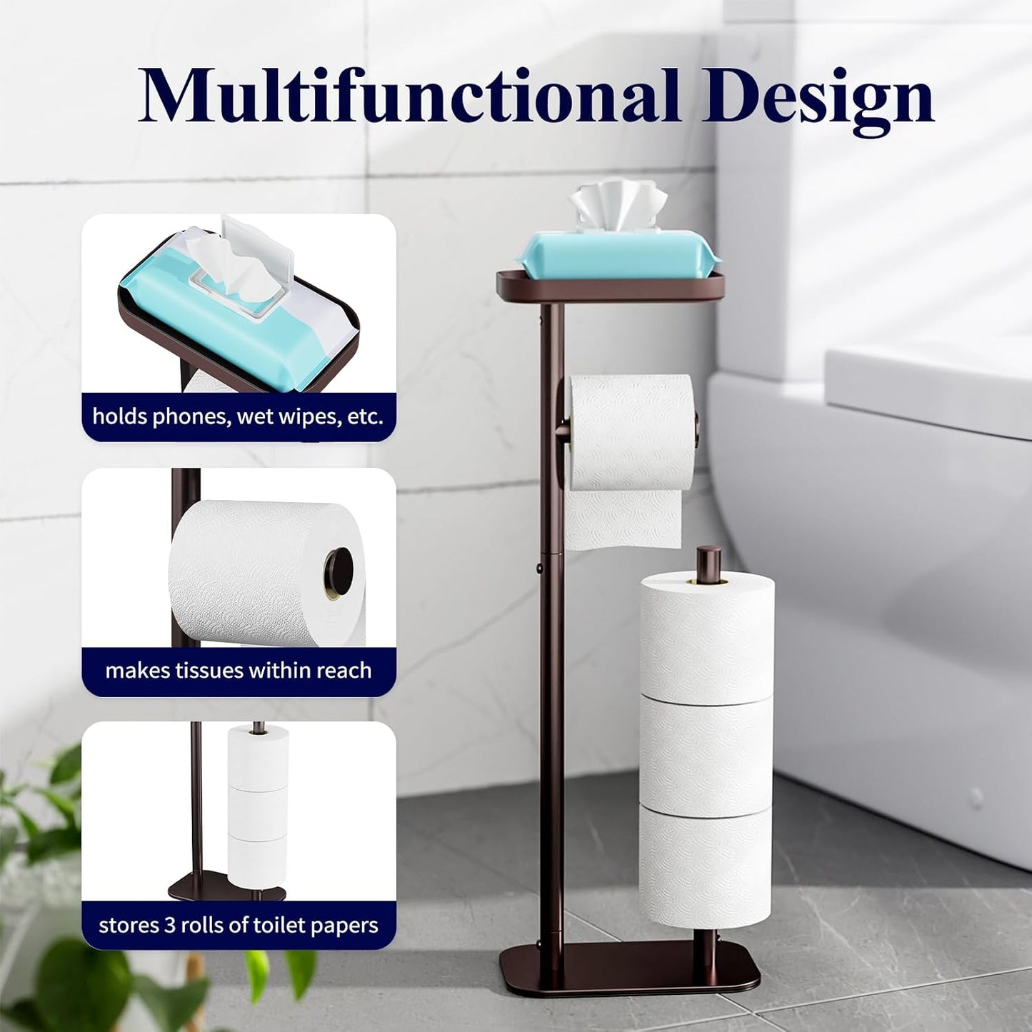 Kitsure Metal Toilet Paper Holder Free Standing, Medium, Black | Rustproof Toilet Paper Stand for 4 Rolls, Bathroom Organizers and Storage with Anti-Slip Base and Plastic Shelf