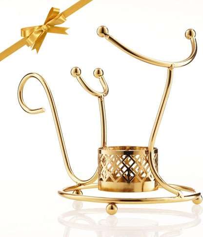 Brandy Warmer Stand Set - Cognac Brandy Snifter Warmer | Heater with Tea Light Holder and Metal Stand in Stunning Gold
