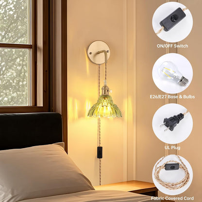 Shenmoyl Battery Operated Wall Sconce Wall Lamp with Green Lily of the Valley Shade Pattern Glass Adjustable Chain Retro Gold Wall Mounted Light, Modern Wall Lamp Fixtures Decor for Bedside Bedroom