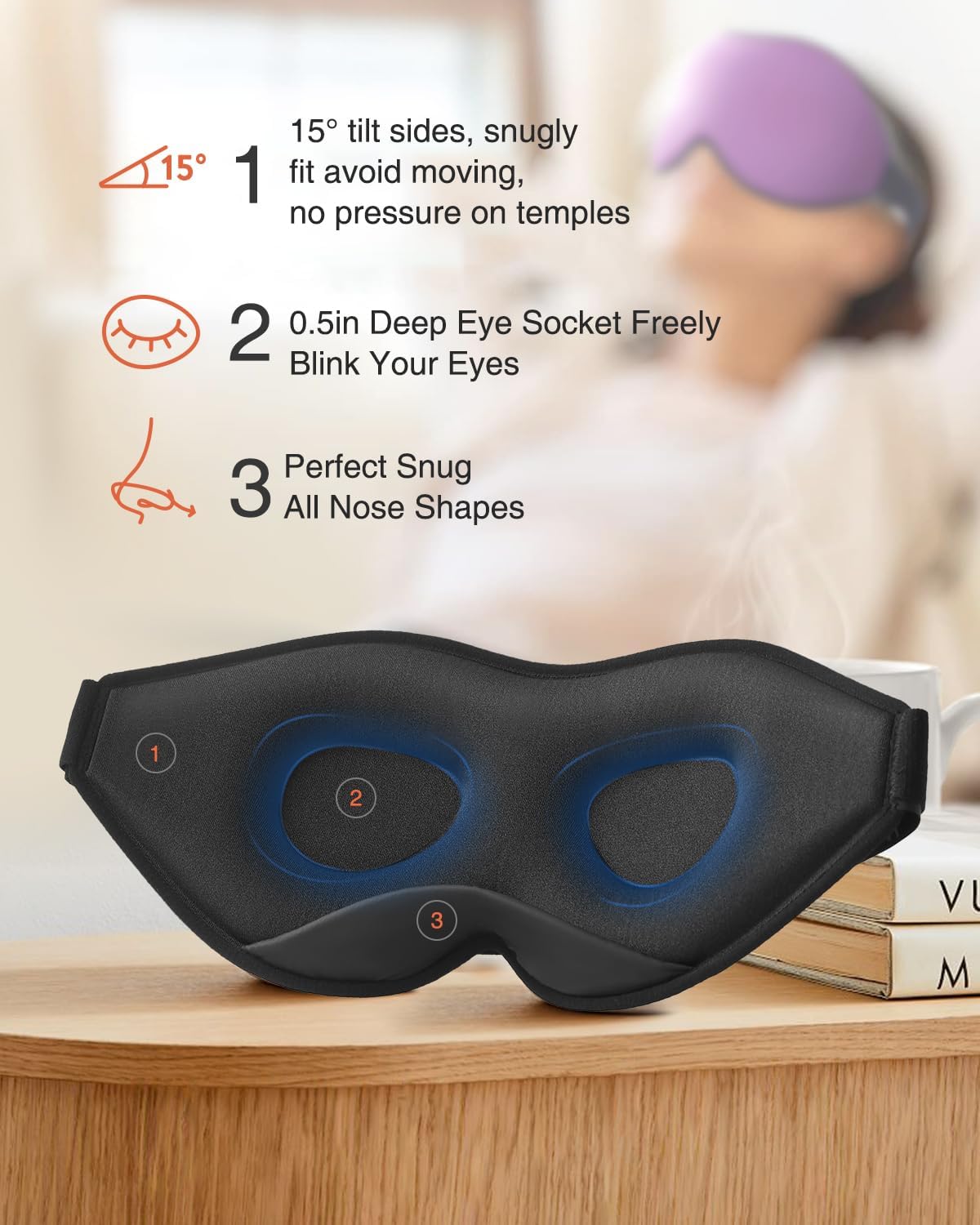 MABAO Sleep Mask for Side Sleeper, Eye Mask for Sleeping Women Men, Black | 3D Contoured Cup No Eye Pressure, 100% Light Blocking Sleeping Mask with Adjustable Strap Night Blindfold Flight, Travel, Nap