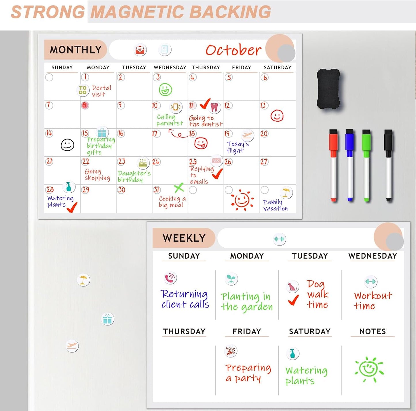 ARVOK Fridge Calendar, Magnetic Weekly & Monthly Calendar for Refrigerator- 2 Packs A3 16.5"x11.6" Reusable Planner Dry Erase Calendar Whiteboard with 4 Markers, 16 Magnets & Eraser for Family Schedule, Meal Menu, To-Do List