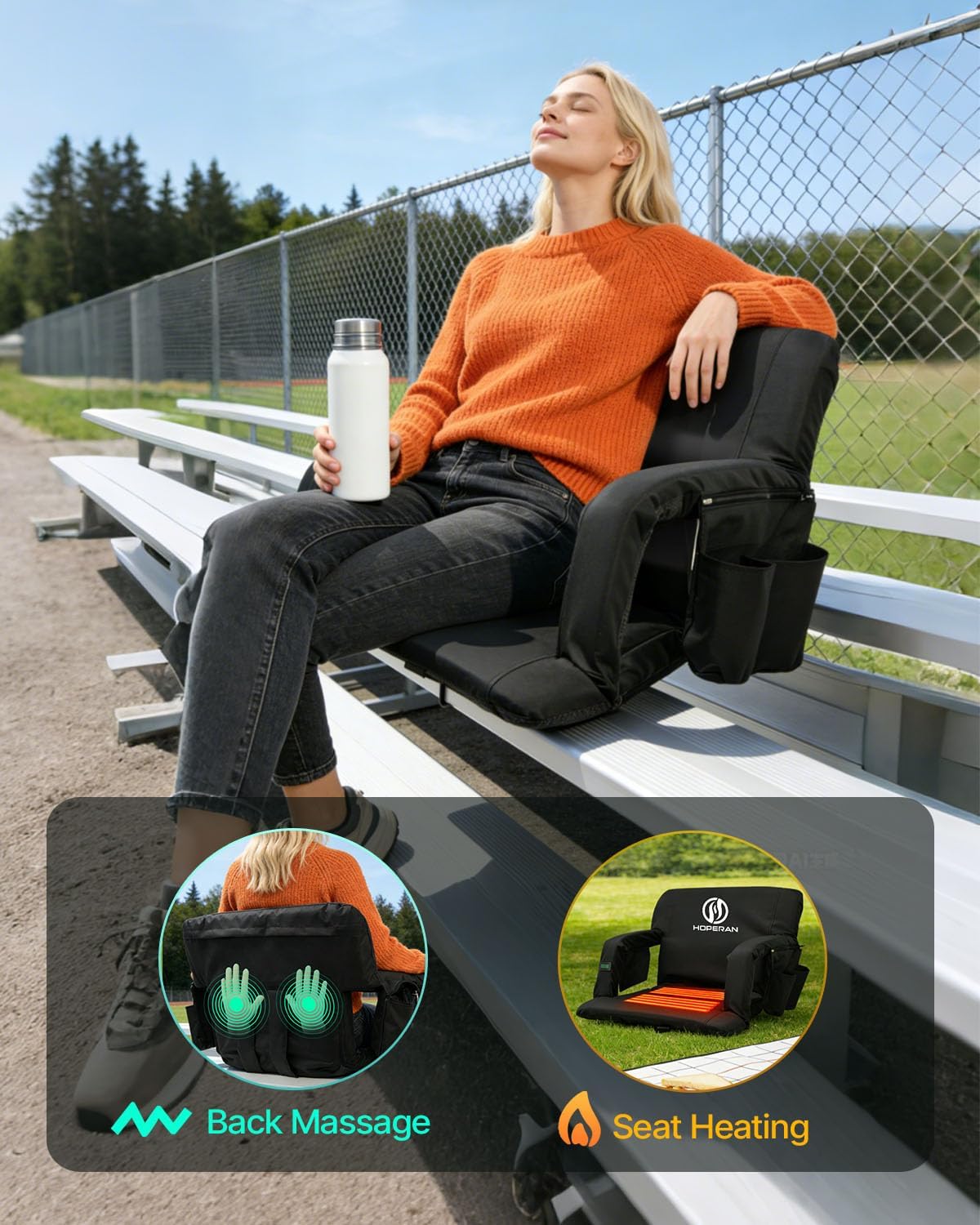 HOPERAN Massage Heated Stadium Seats for Bleachers, Dual Control, Portable | Back Massage, Seat Heated (Battery Not Included), Lumbar Pillow, 6 Recliner, Soft Cushion, Anti-Slip Stability, Side Pockets