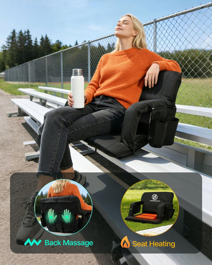 HOPERAN Massage Heated Stadium Seats for Bleachers, Dual Control, Portable | Back Massage, Seat Heated (Battery Not Included), Lumbar Pillow, 6 Recliner, Soft Cushion, Anti-Slip Stability, Side Pockets