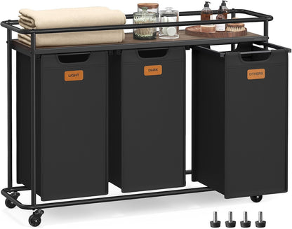 VASAGLE Laundry Sorter with Wheels, 39.6 Gal., 4 Removable Liners | Portable Laundry Cart with Shelf, 150 L, 6 Labels, Ink Black and Chestnut Brown, STEVIE Collection URLS100BH01S