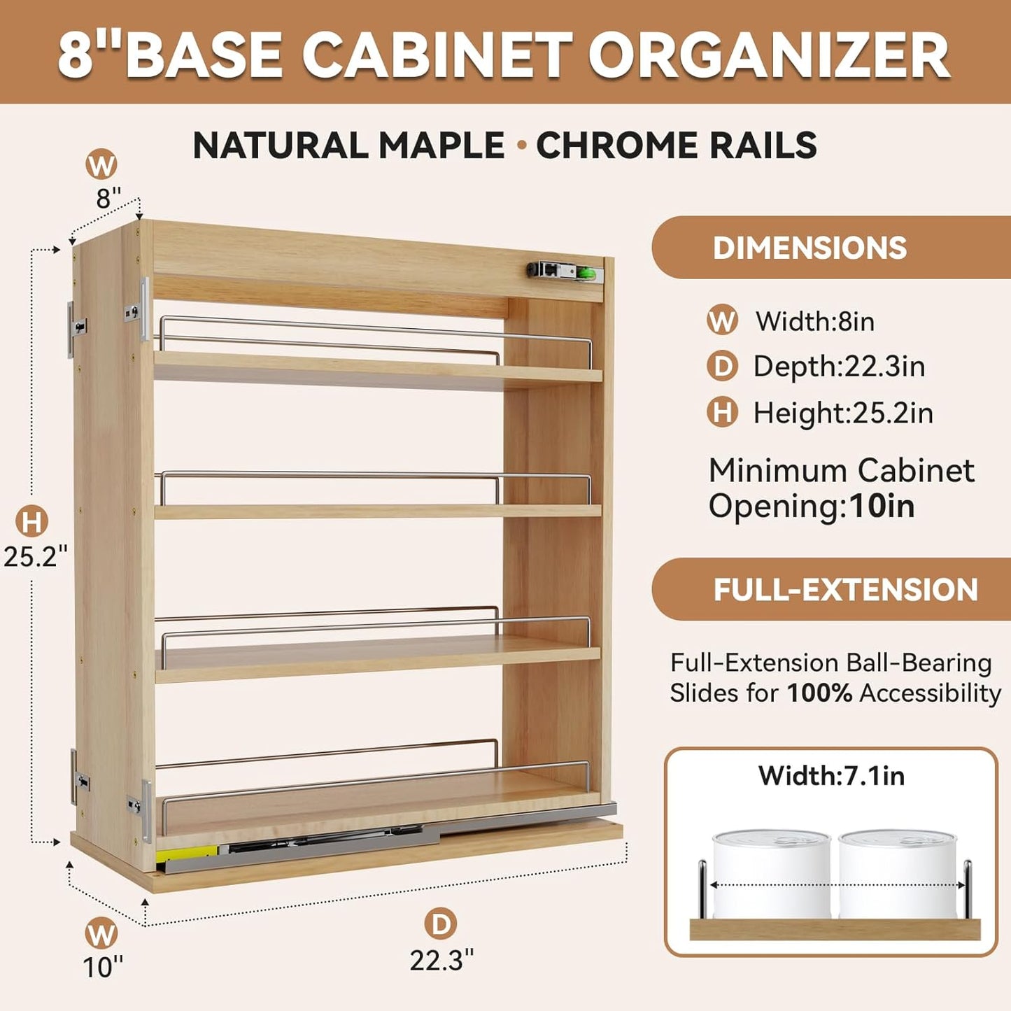 Pull Out Spice Rack Organizer for Cabinet (5" W x 22.3" D x 25.2" H), Sliding Spice Rack for Kitchen Cabinet, Wood Pull Out Cabinet Organizer for Multi-Use