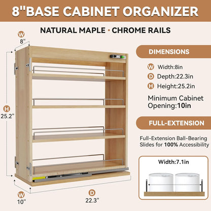 Pull Out Spice Rack Organizer for Cabinet (5" W x 22.3" D x 25.2" H), Sliding Spice Rack for Kitchen Cabinet, Wood Pull Out Cabinet Organizer for Multi-Use