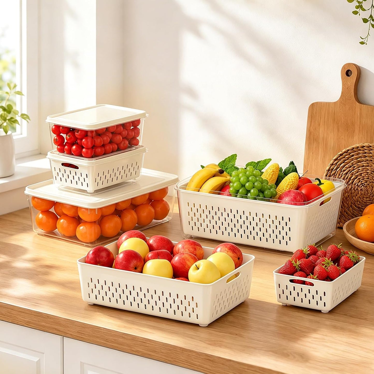 Fruit Storage Containers for Fridge, 4 Pack Plastic Food Storage Container | Fruit Containers Set with Removable Colander, Produce Saver Keep Berry Fruits Vegetables Meet Fresh Longer, Dishwasher Safe