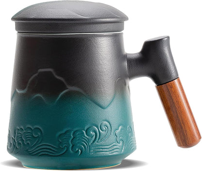 ZENS Tea Mug with Infuser and Lid for Loose Leaf Tea Steeper, 16.9oz Moss | Embossed Ceramic Tea Cup with Infuser for Herbal Tea Difussers, Tea Lovers Gifts, Nature Wood Handle
