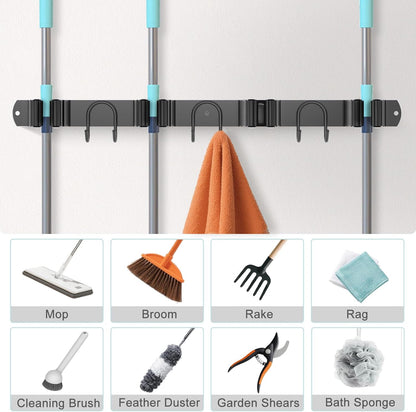 Mop Broom Holder Wall Mount, Gold Stainless Steel Tool Storage Organizer for Kitchen Garden Garage Laundry Room Bathroom and RV with 4 Slots 6 Hooks