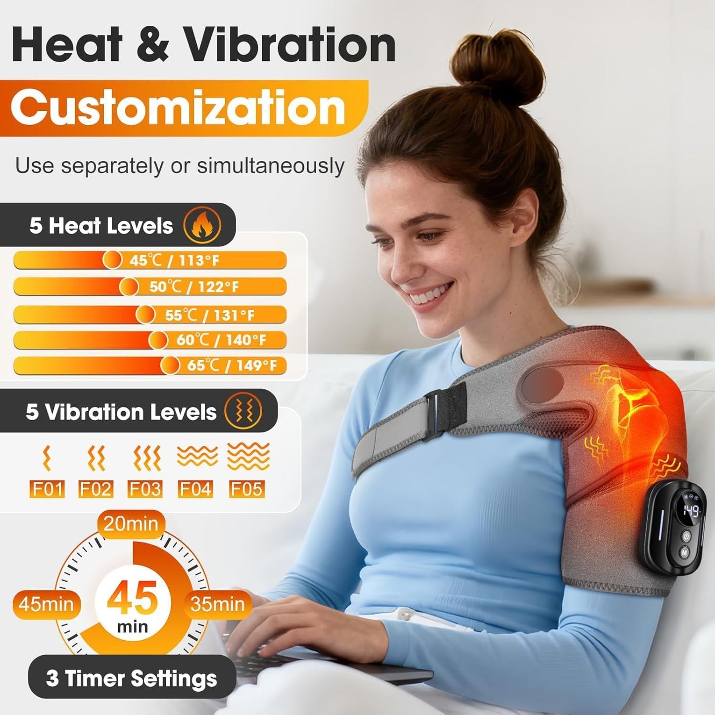 Cordless Shoulder Heating Pad with Massage & Magnetic Remote Control | Heated Shoulder Wrap for Pain Relief, Shoulder Massager for Rotator Cuff, 5 Heats & 5 Vibrations, 3 Auto Shut-Off Timers