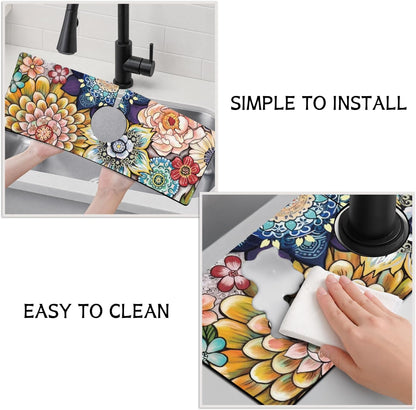 Light Brown White Checkered Kitchen Sink Splash Guard Faucet Mat,Faucet Non-Slip Absorbent Mat,Farmhouse Sink Splash Guard Behind Faucet for Kitchen Bathroom, 15"x5.5"
