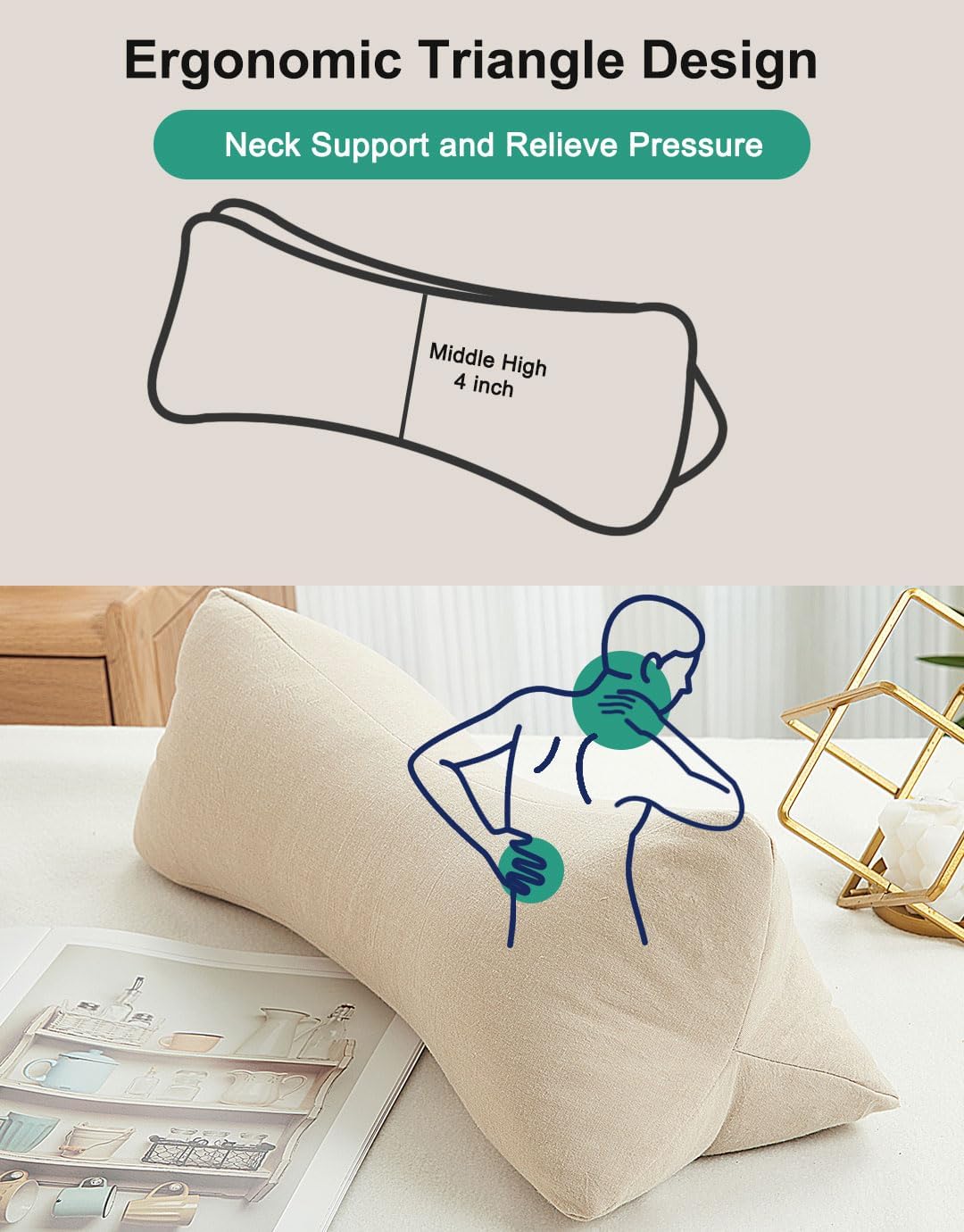 Cervical Buckwheat Neck Roll Pillow for Pain Relief, Firm Neck Support Bolster for Back Sleepers, Washable Cover, Ideal for Office Lunch Break, Blue 15 X 5 Inches