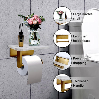 Toilet Paper Holder with Natural Marble Shelf for Bathroom Washroom,Wall Mounted Tissue Holder Suitable for Mega Roll (Brushed Nickel,Small 6.7 * 4.3 in)