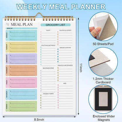 Weekly Meal Planner Notebook 8.5x11”, 50 Sheets Weekly Meal Planner Magnetic, Double Helix Meal Planner and Grocery List, Wall-Mountable Menu Planner for Fridge Notepad for Daily & Plan