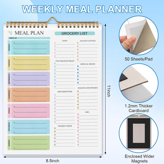 Weekly Meal Planner Notebook 8.5x11”, 50 Sheets Weekly Meal Planner Magnetic, Double Helix Meal Planner and Grocery List, Wall-Mountable Menu Planner for Fridge Notepad for Daily & Plan