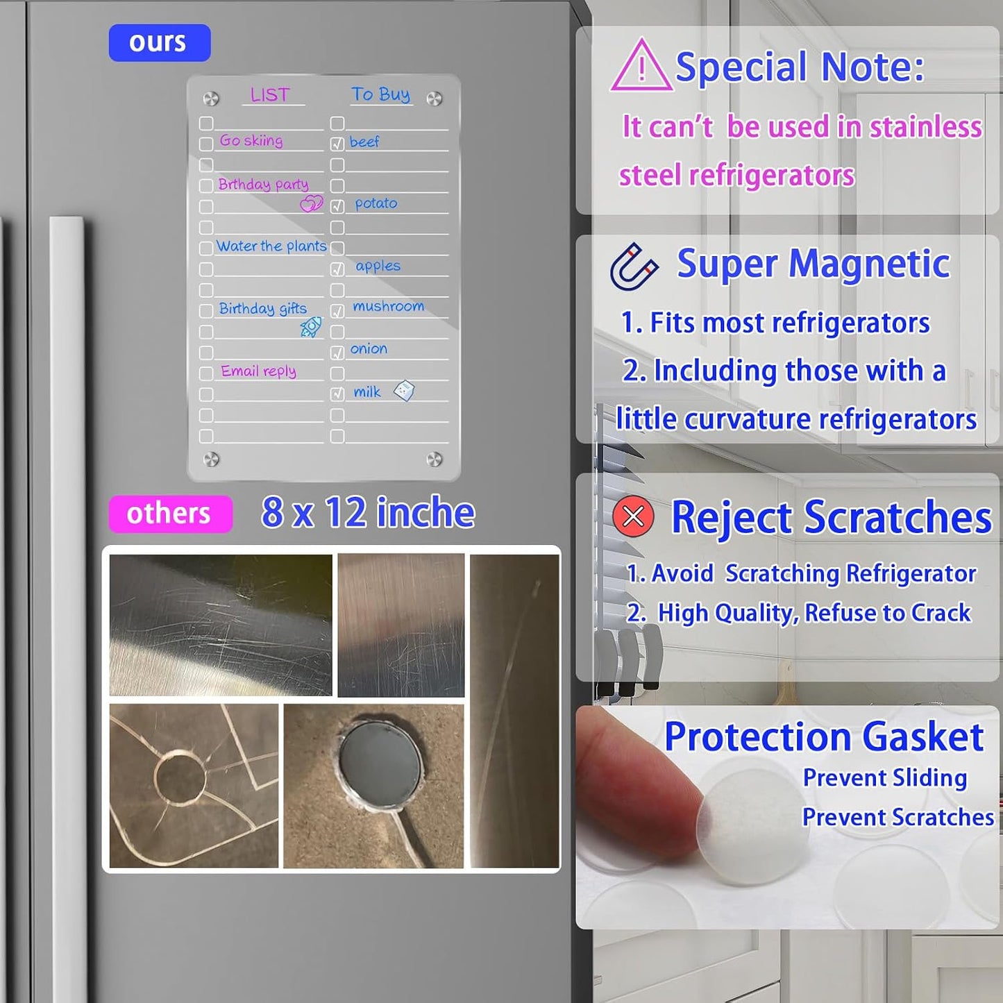 JonXon 8"x12" Acrylic Magnetic Dry Erase Board for Fridge, Clear Acrylic Magnet Calendar for Refrigerator,Includes 6 Dry Erase Markers(Clear Blank)