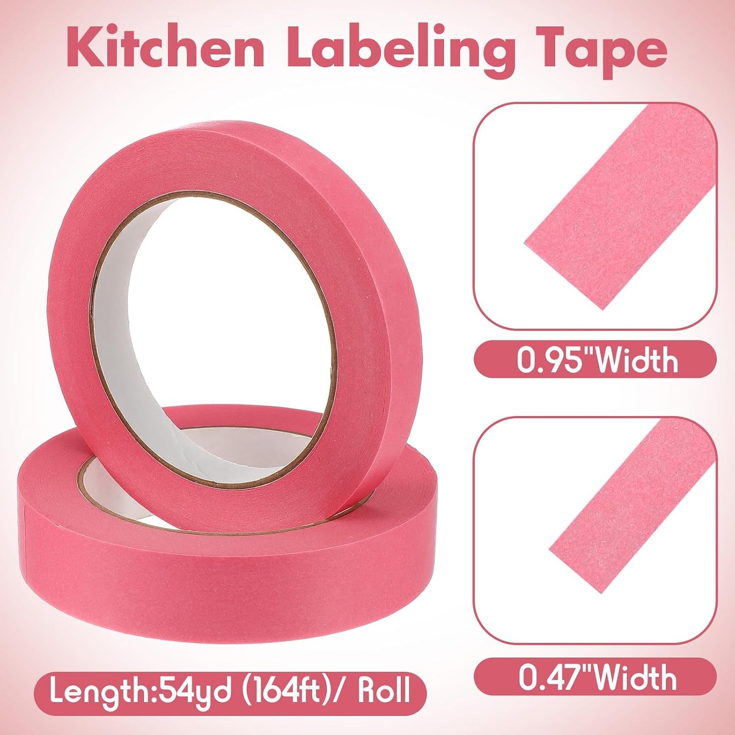 2 Kitchen Freezer Labeling Tapes & 1 Marker Pen, 0.47 x 54 yd Narrow Roll & 0.95 x 54 yd Wide Roll Waterproof Low Temperature Freezer Marking Tape for Glass Bottle Storage Container(Pink)