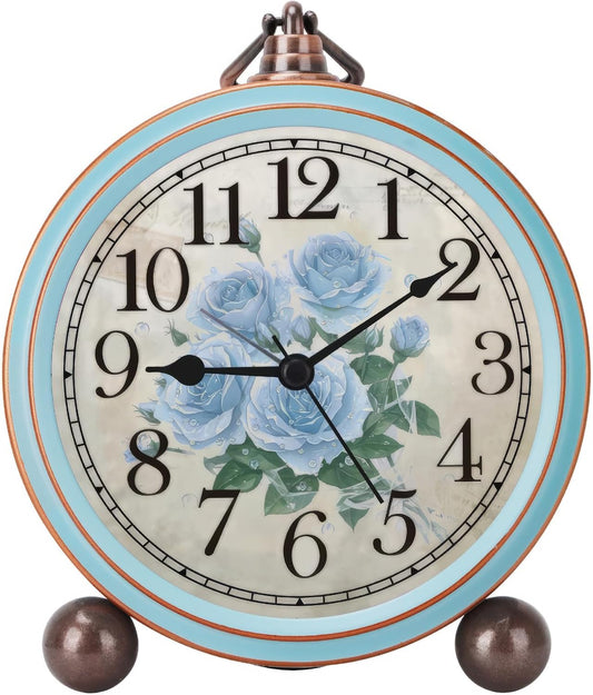 Maxspace Vintage Alarm Clock, Silent Non Ticking Desk Clock, Battery Operated Small Table Clock, Decorative Round Analog Clock for Bedroom, Living Room (Blue-Rose)