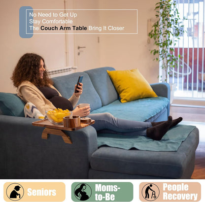 Nnewvante Couch Cup Holder Tray, 3 in 1 Large 15.36"x9.85" Acacia Wood Sofa Arm Clip on Tray Table with 360°Rotated Phone Holder on Armrest