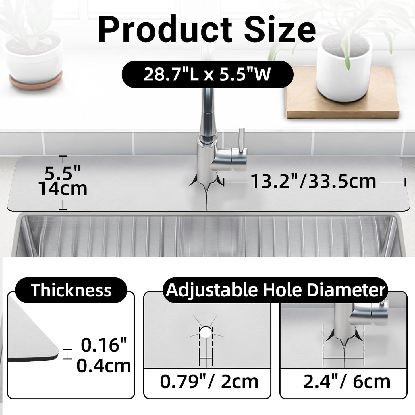 LOPNUR Cuttable Faucet Mat for Kitchen Sink, Extra Long 29 Inch, Black | Super Absorbent & Fast Dry Diatomite Sink Splash Guard, 0.8-2.4 Inch Adjustable Faucet Hole, Cut to Fit Bathroom & RV Sinks