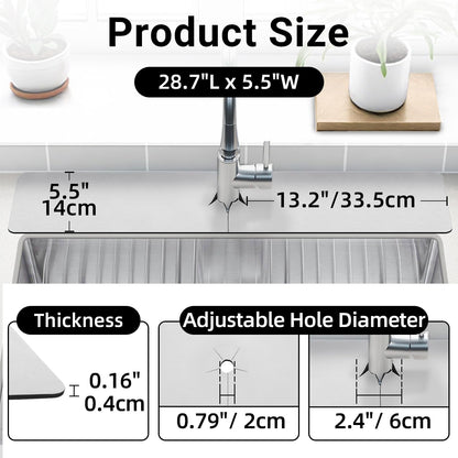 LOPNUR Cuttable Faucet Mat for Kitchen Sink, Extra Long 29 Inch, Black | Super Absorbent & Fast Dry Diatomite Sink Splash Guard, 0.8-2.4 Inch Adjustable Faucet Hole, Cut to Fit Bathroom & RV Sinks