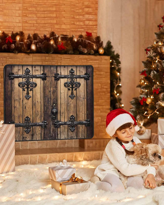 Rustic Wooden Door Magnetic Fireplace Cover 39"x32",Brown Black Farmhouse Country Vintage Decorative Fireplace Blanket Insulation Cover for Heat Loss,Indoor Fireplace Draft Stopper Covers Protectors