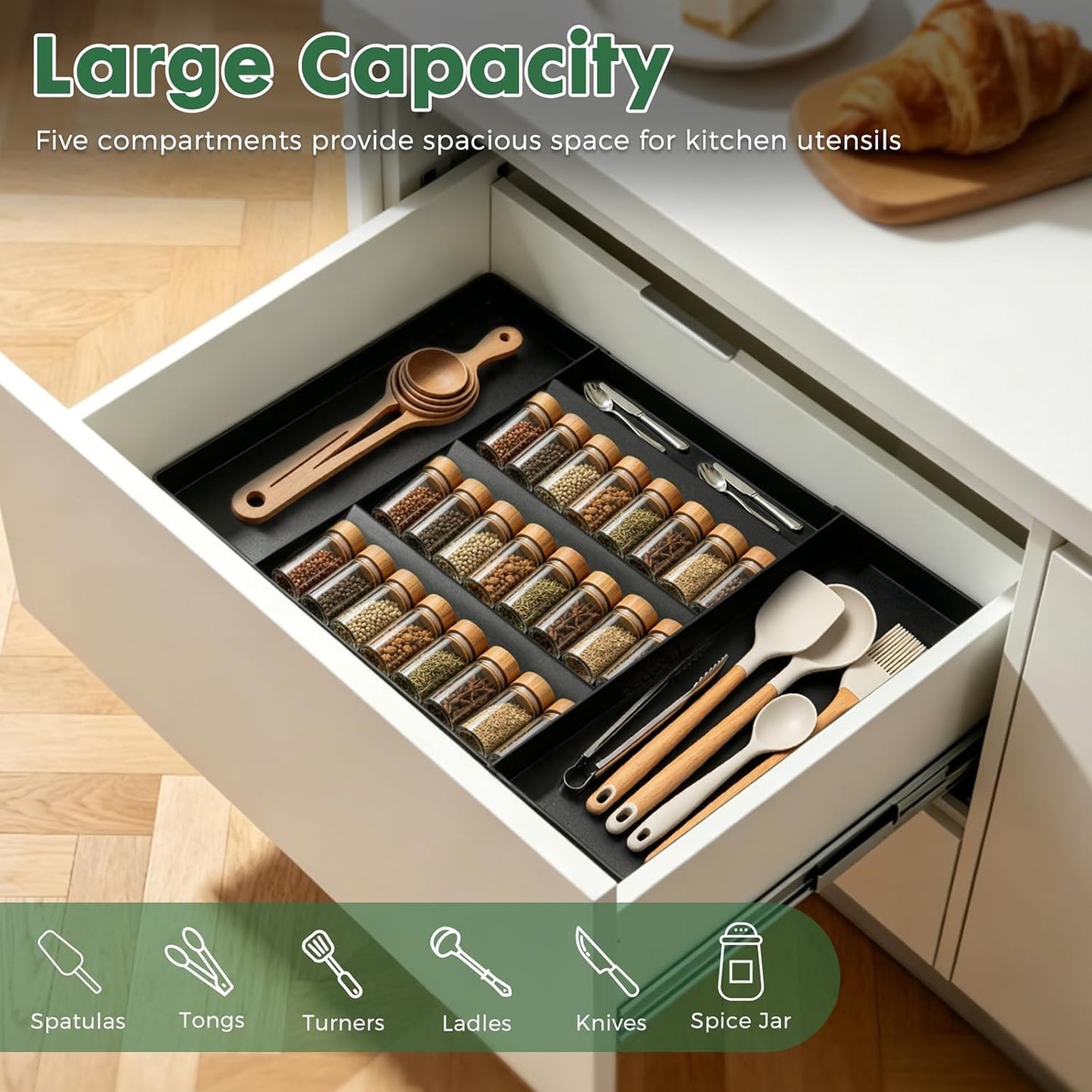 Expandable Drawer Organizer for Utensils & Office – 5 Compartment + 2 Utensil Slots, 11.8" to 23.4" Adjustable Black ABS Tray for Kitchen Flatware, Desk, Vanity & Junk Drawers