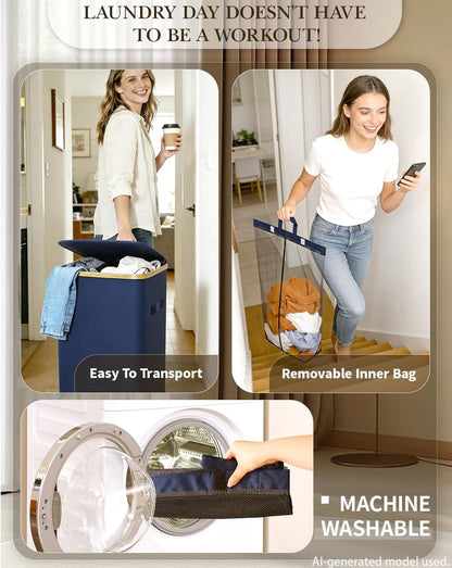 Double Laundry Basket with Wheels and Lid, 150L Clothes Hampers for Laundry | Large Laundry Hamper with 2 Sections & Removable Liner Bags, Rolling Dirty Clothes Basket for Bedroom Bathroom Dorm College