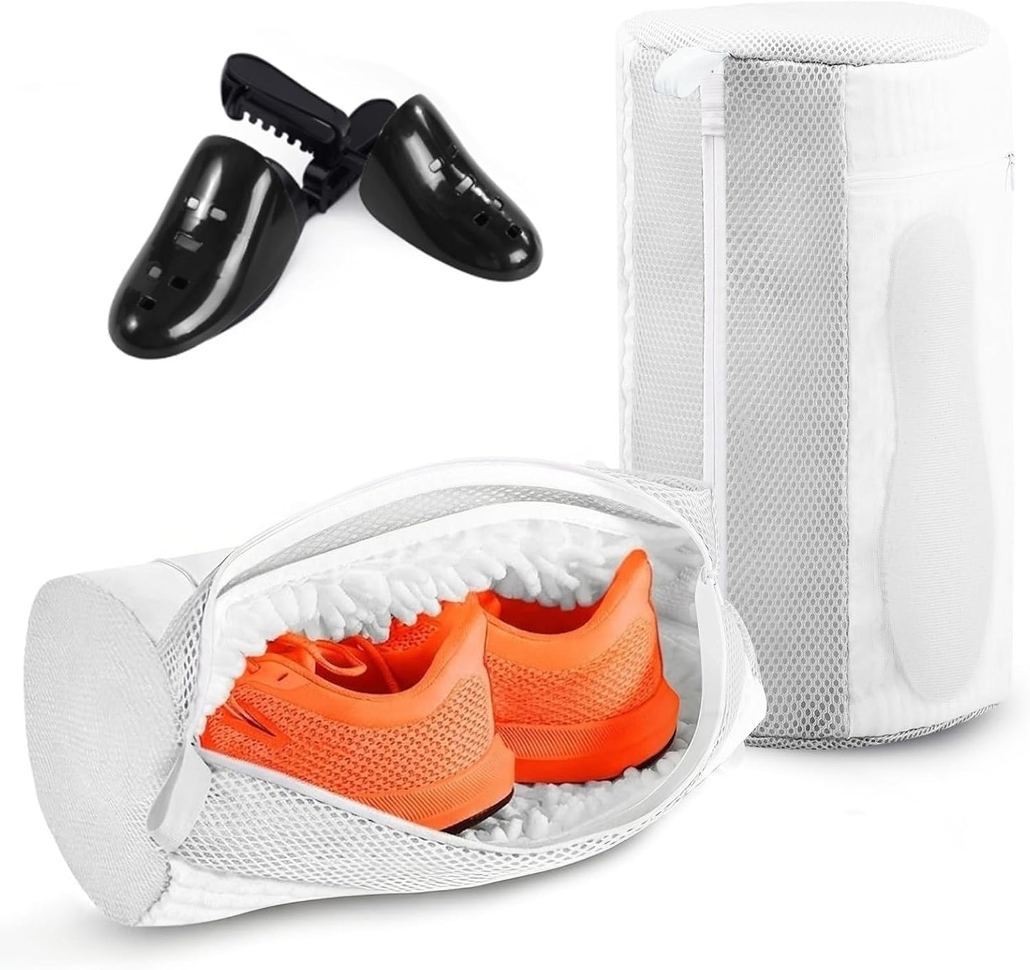 2PCS XXL Shoe Washing Machine Bag with Adjustable Shoes Trees - Heavy Duty Reusable Shoe Laundry Bag for Washer and Dryer - 360° Deep Clean & Protect Chenille Microfiber Sneakers Wash Bags - White