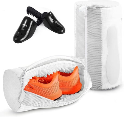 2PCS XXL Shoe Washing Machine Bag with Adjustable Shoes Trees - Heavy Duty Reusable Shoe Laundry Bag for Washer and Dryer - 360° Deep Clean & Protect Chenille Microfiber Sneakers Wash Bags - White