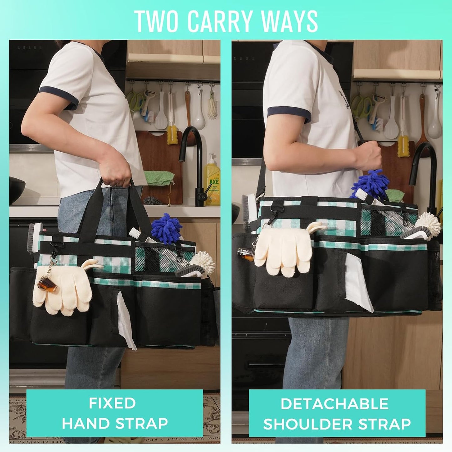 SCAVATA Wearable Cleaning Caddy, Cleaning Caddy Supplies Organizer with Handle & Shoulder Straps for Housekeepers, Under Sink & Car Cleaning Tool Organizers Bag with 4 Foldable Divider (NavyBlue)