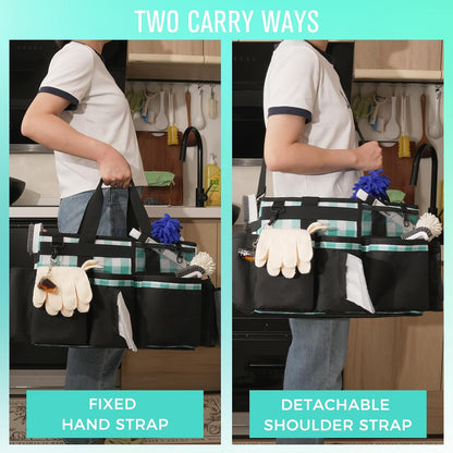 SCAVATA Wearable Cleaning Caddy, Cleaning Caddy Supplies Organizer with Handle & Shoulder Straps for Housekeepers, Under Sink & Car Cleaning Tool Organizers Bag with 4 Foldable Divider (NavyBlue)