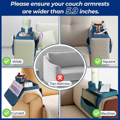 Silicone Couch Caddy Cup Holder Tray, 3-Side Sofa Armrest Organizer with Secure Gear-Shaped Locking Holder & Large Tablet Slot, Non-Slip Weighted Armchair Caddy, Couch Accessories (Grey)