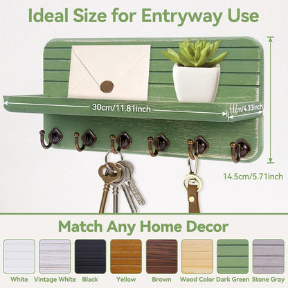 Key Holder for Wall, Mail Organizer Wall Mount with 6 Hooks Wooden Hanging Key Rack for Home Decor, Hallway, Entryway (Yellow)