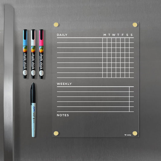 Magnetic Acrylic Chore Chart for Fridge 9” x 12”, Clear Wet Erase Refrigerator Task Board, Minimalist Routine Planning Board, Includes 4 Magnetic Markers, Black Corner Magnets