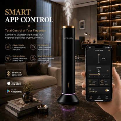 JUSTBLOOM Hotel Essential Oil Diffuser, Waterless Fragrance Diffuser | Up to 4000 Sq Ft: Smart App Control, Cold Air Diffusion, ,360° Ambient Light, Auto Shut-Off, Premium Aluminum Design