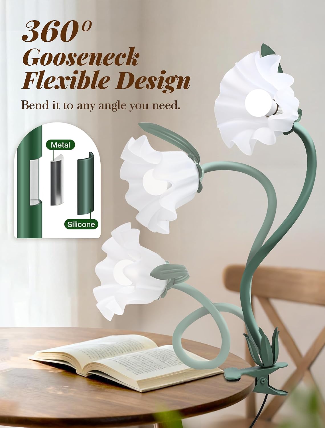 Clip On Light and Bed Headboard Lamp,Valentines Day Gifts for Women,Flower Desk Lamp with 3 Color Modes,USB Power Gooseneck Reading Light,Night Light for Nursery,College Dorm Room Essentials (Green)