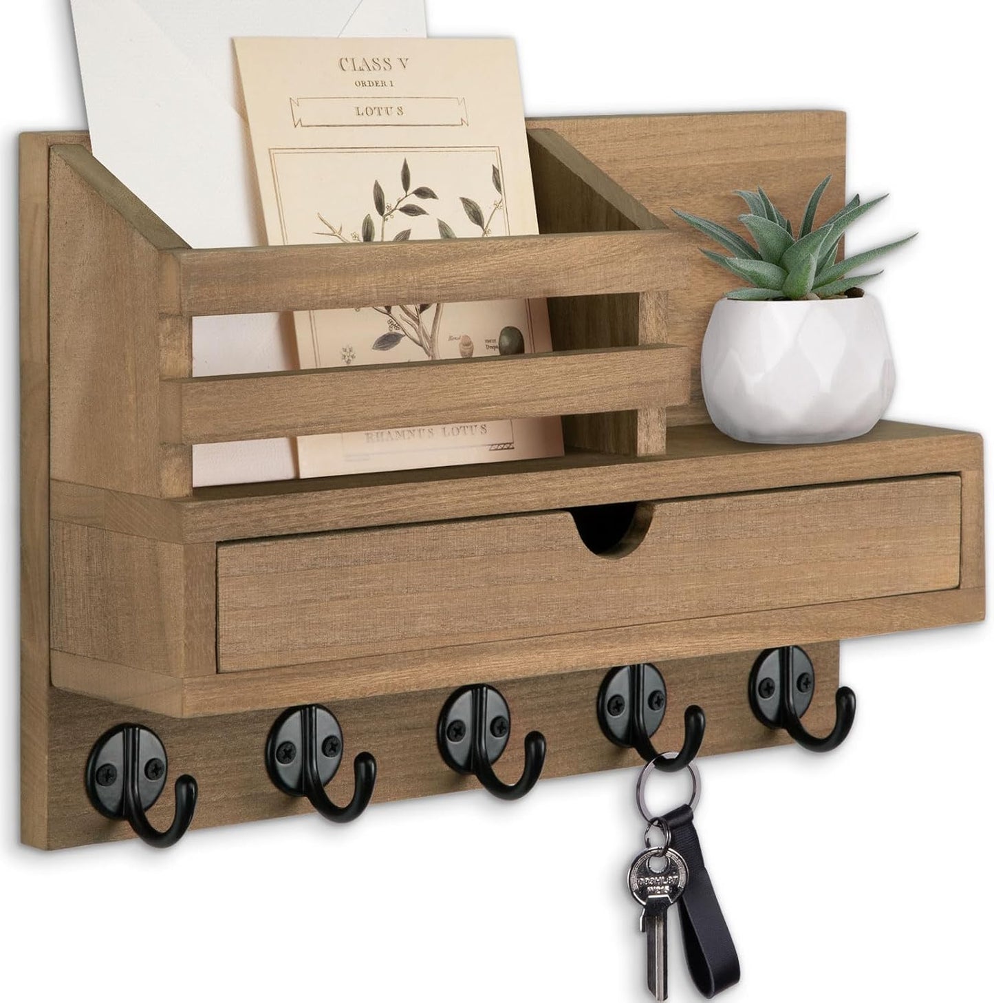 Key Holder Wall Mount, Mail Holder with Storage Drawer | Key and Mail Holder with 5 Key Hooks for Coat, Dog Leash, Home Decor Rack, House Accessories, Entry Way Organizer