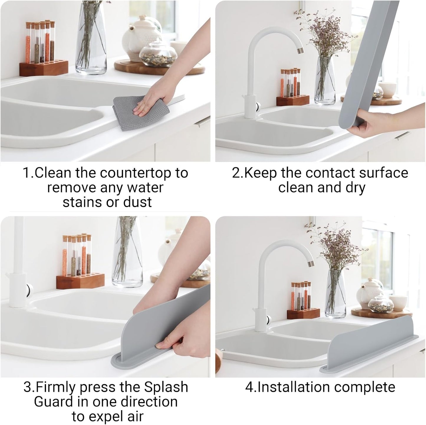 19.3 inch Silicone Sink Splash Guard, Splash Guard for Kitchen Sink Area, Backsplash Protector for Kitchen Countertop & Bathroom Bathtub with Non-Slip Strong Suction, White