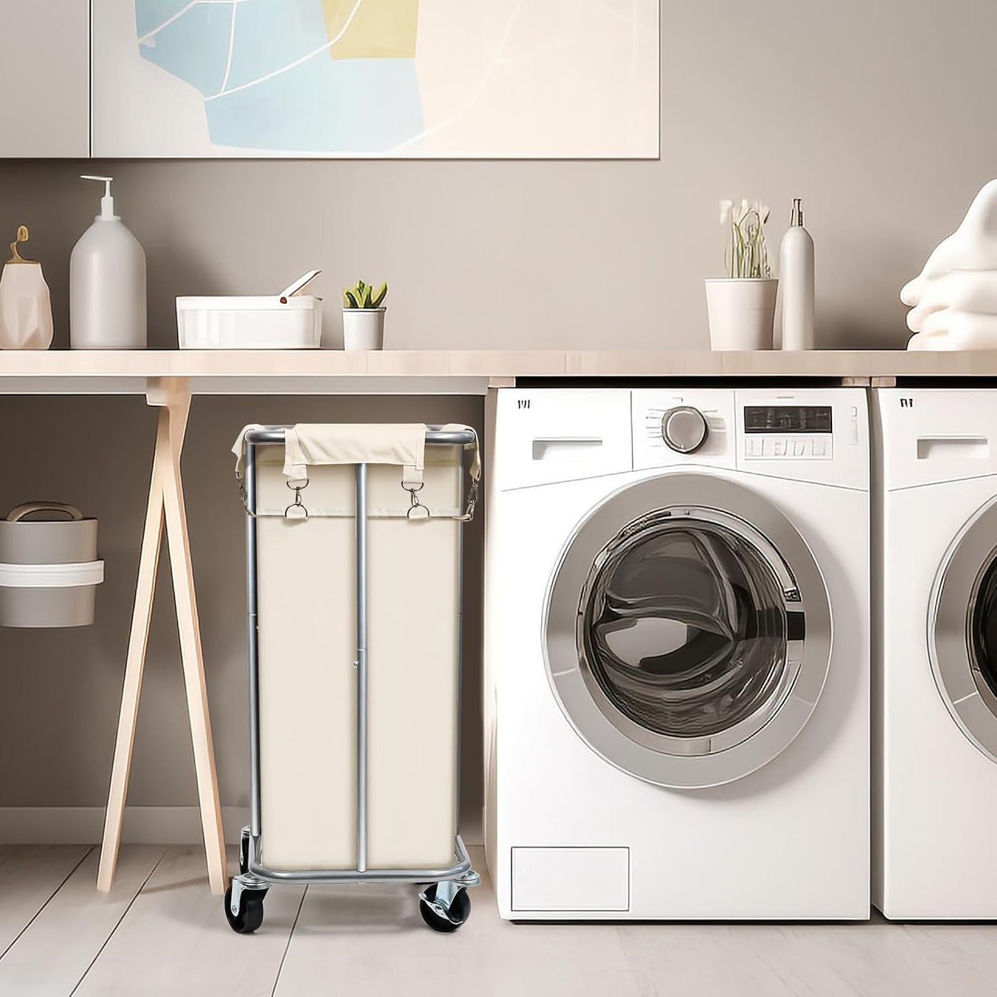 100L Rolling Laundry Hamper Basket with Wheels for Bedroom, Grey | Laundry Sorter Cart with Removable Bag, Tall Narrow Slim Clothes Organizer, Sturdy Metal Frame, Dorm Space Saving