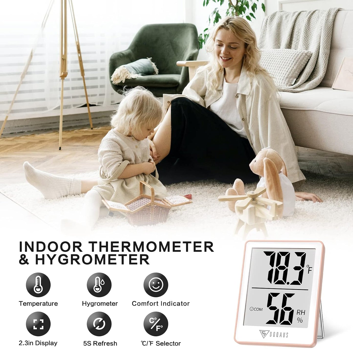 DOQAUS Digital Hygrometer Indoor Thermometer Humidity Meter, Black | Mini Room Thermometer, 5s Fast Refresh, Accurate Temperature and Humidity Monitor for House, Baby Room, Greenhouse, Incubator