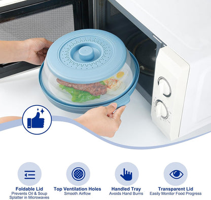Microwave Splatter Cover for Food with Handle &Heat-Resistant Mat, 10.7" Collapsible Microwave Plate Cover - BPA Free, Dishwasher Safe Food Lid, Multi-Use Colander & Steamer for Meal Prep （Black）