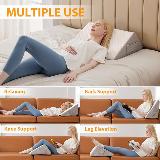 Ruqmuis Knee Pillow for Back Sleeping, 8” Knee Wedge Pillow to Elevate Knee, Leg Pillow for Back Pain Relief, Triangle Pillow, Leg Elevation Pillows for After Surgery, Blood Circulation, White/Grey