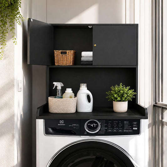 Laundry Storage & Organization (Oak) | Washer and Dryer Topper with Edge, Over Washer and Dryer Shelves for Laundry Room, Universal Fit, 27.5"Wx27.5"Dx29"H
